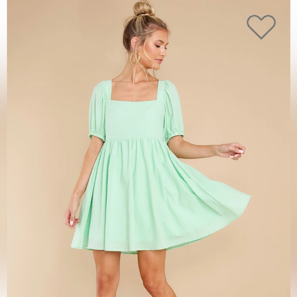 Red Dress Light Green Puff Sleeve Dress - Size Small